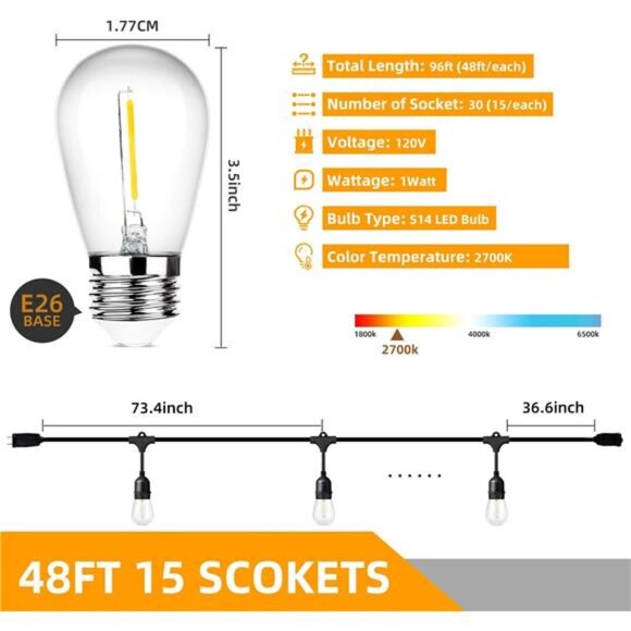 Outdoor String Lights 96FT(48×2), Commercial Grade Heavy Duty Patio Lights - Picture 5 of 7